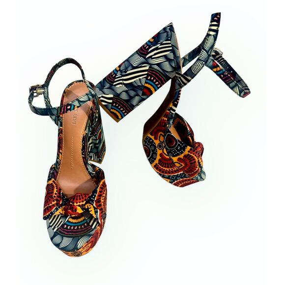 GIANNI BINI sz9 Platform Shoes Blue Red Canvas Retro Block Heel Ankle Strap Sexy - Picture 14 of 16